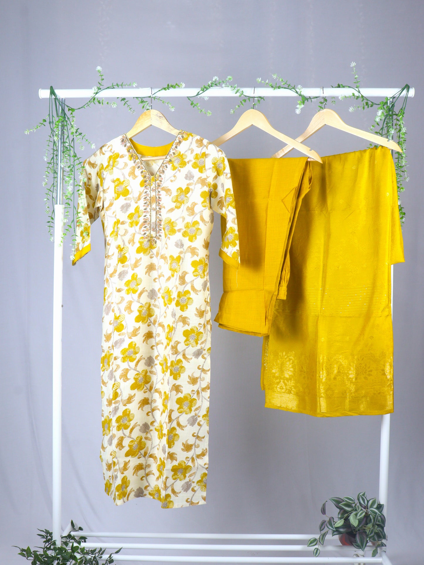 Cotton Straight cut Kurti Set with Neck line work - Cream & Yellow