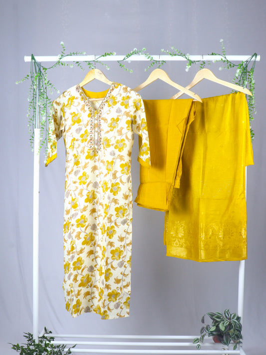 Cotton Straight cut Kurti Set with Neck line work - Cream & Yellow