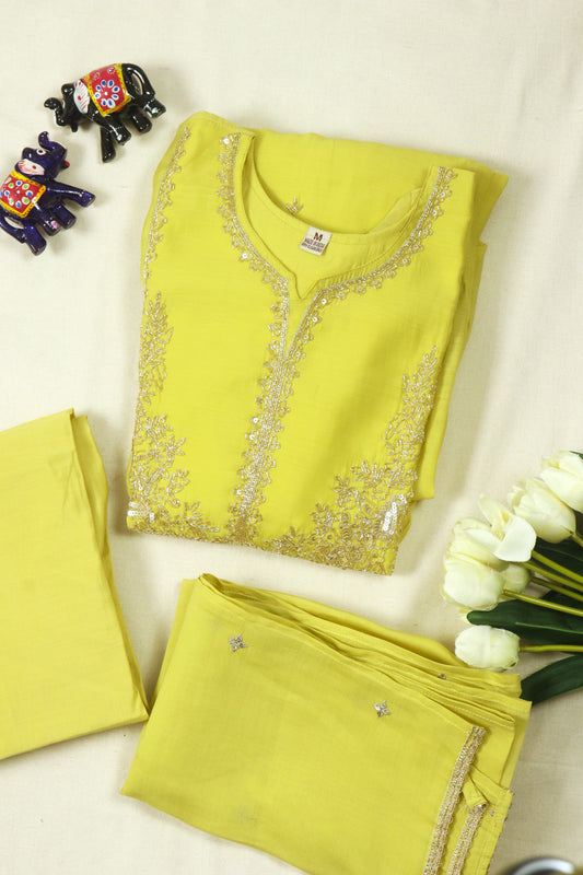 Mul chanderi A -line kurti Set with yoke work - Pastel Yellow
