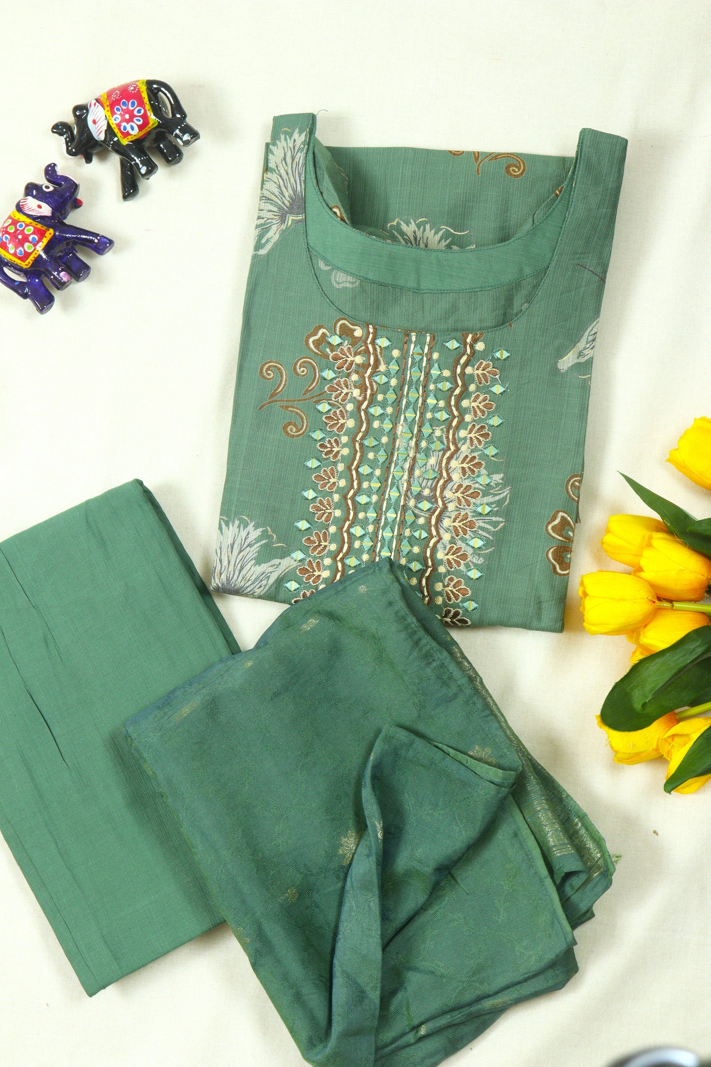 Cotton Straight cut Kurti Set with yoke embroidery - Dusty Green