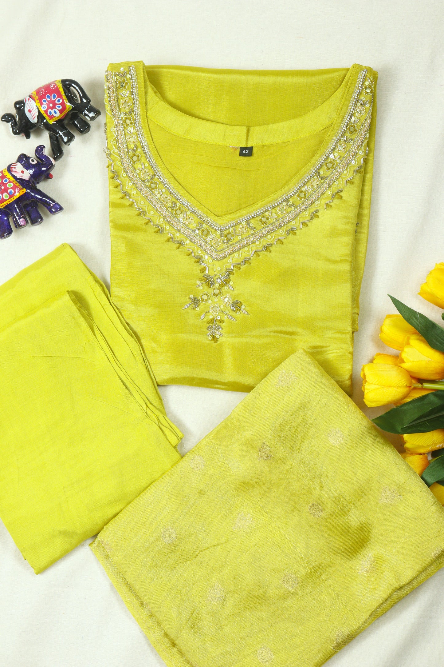 Lemon Yellow Soft tissue Straight cut Kurti set with Necklinke work