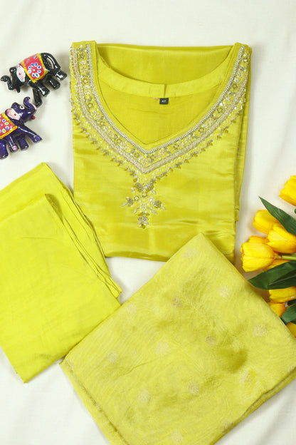 Lemon Yellow Soft tissue Straight cut Kurti set with Necklinke work