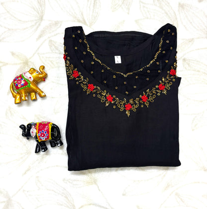 Black Coral Aline kurti with Jewel neck