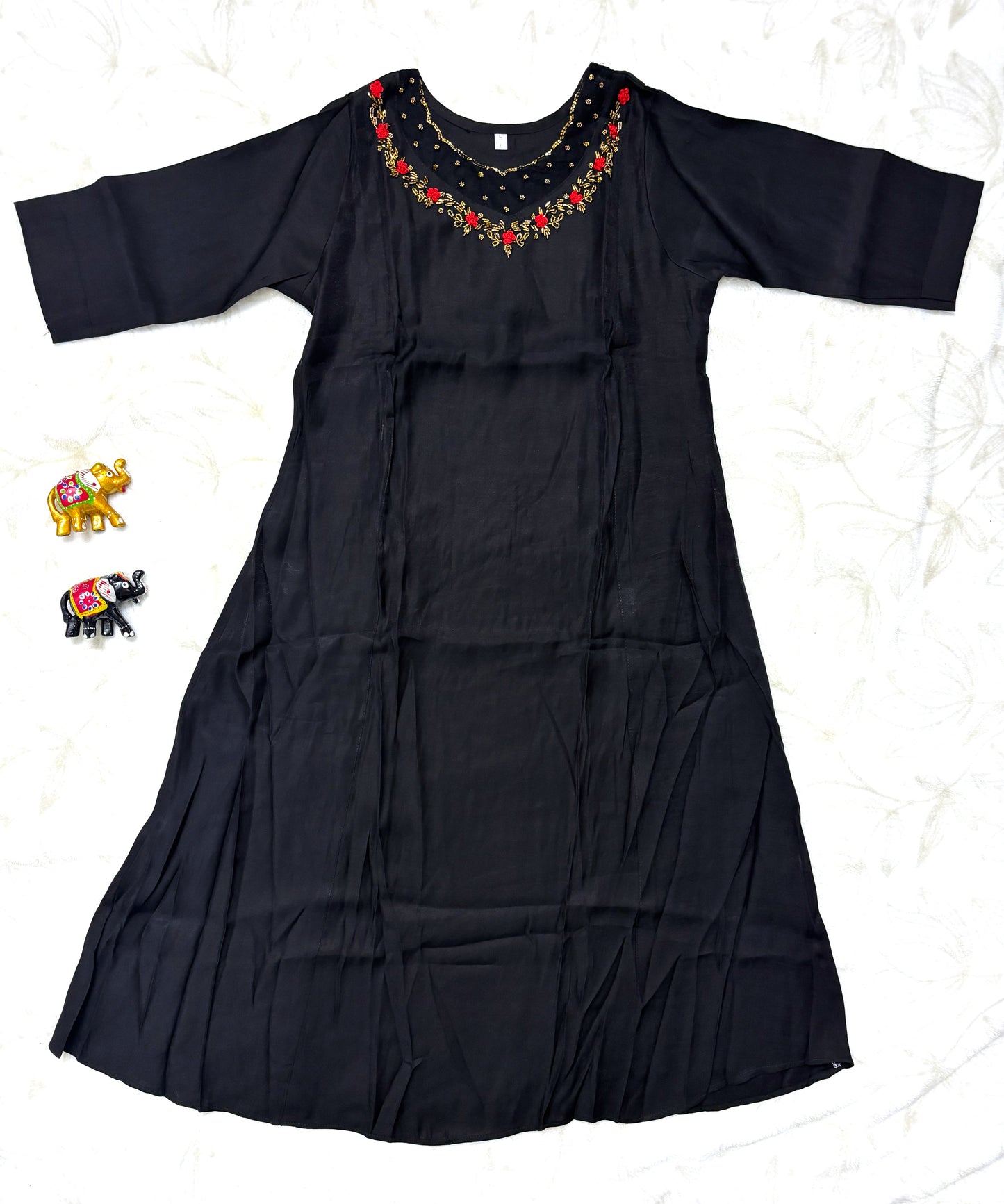 Black Coral Aline kurti with Jewel neck