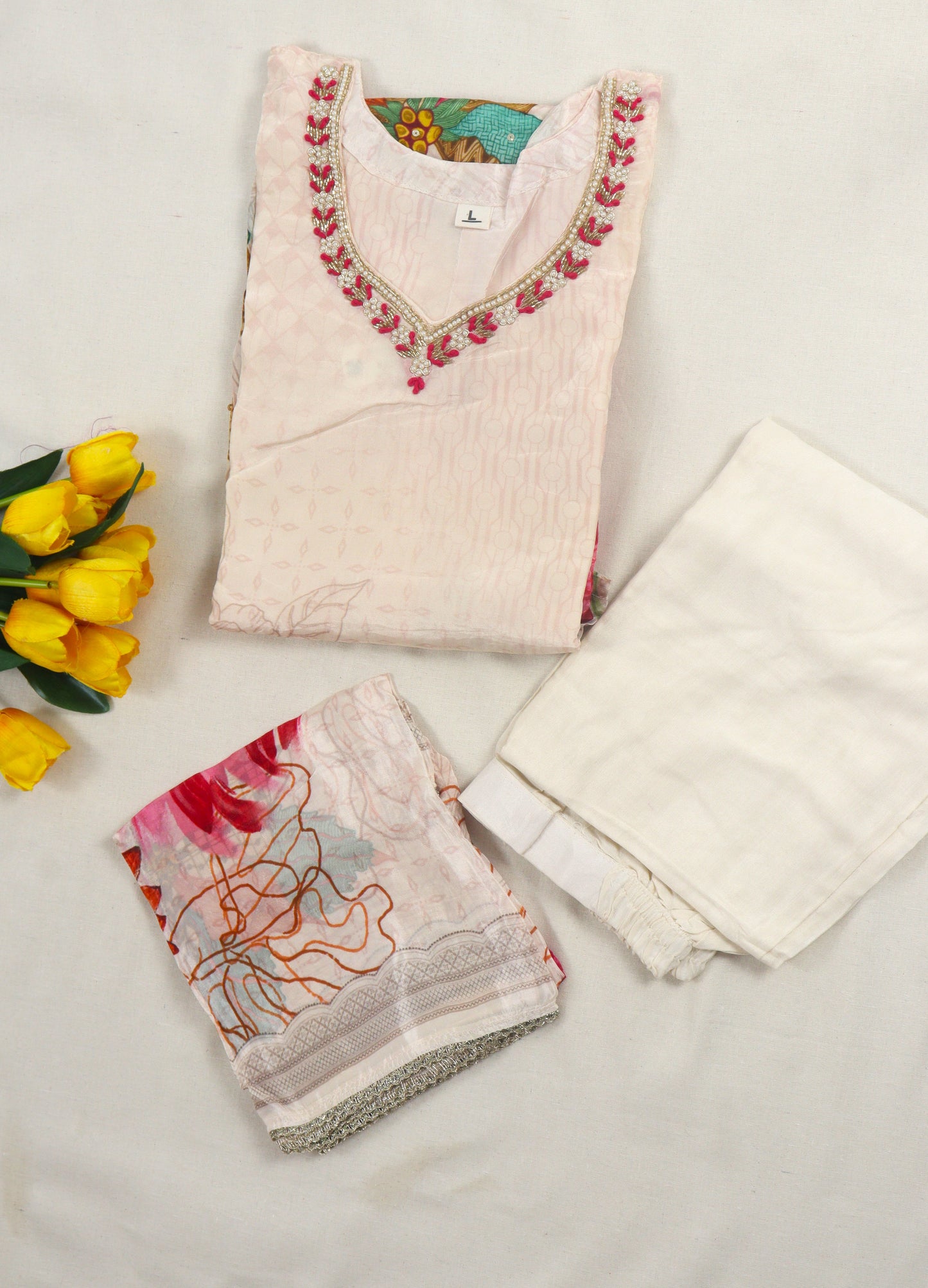Crepe silk printed Straight cut kurti Set with neckline work - Cream