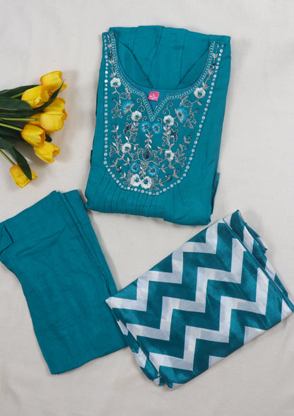 Mul chanderi A-line kurti set with yoke work - Turquoise