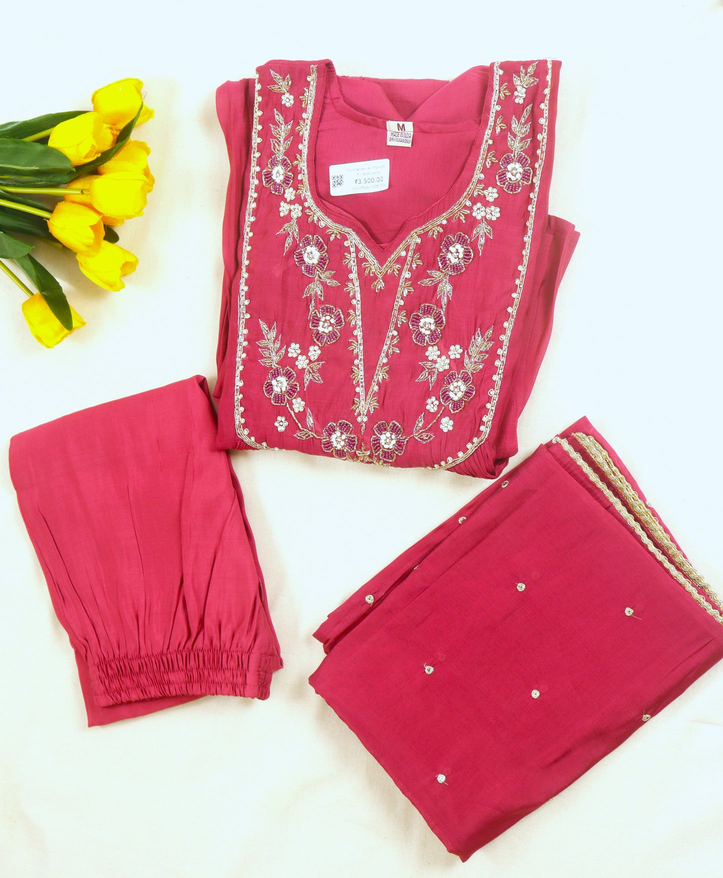 Mul chanderi A -line kurti Set with yoke work - Dusty Pink