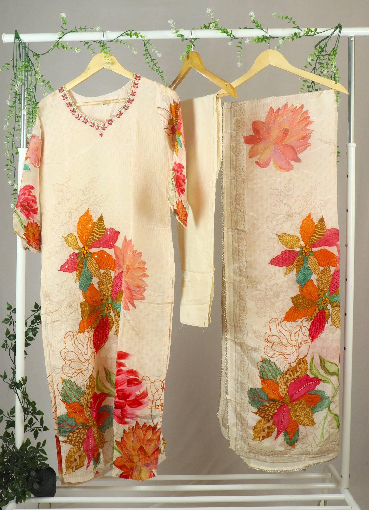 Crepe silk printed Straight cut kurti Set with neckline work - Cream