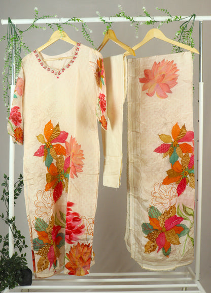 Crepe silk printed Straight cut kurti Set with neckline work - Cream