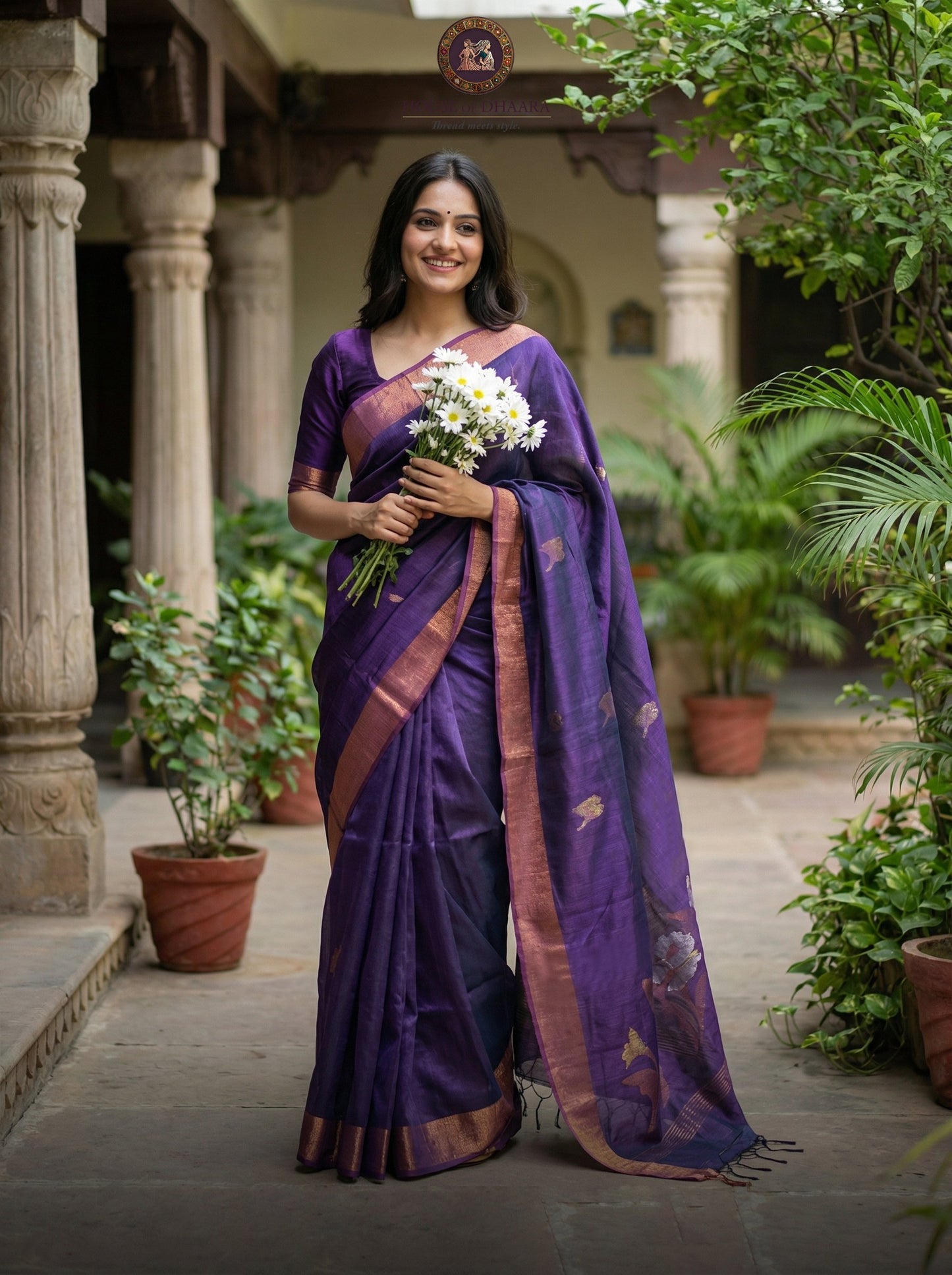 Linen handloom jamdhani Saree - Wine