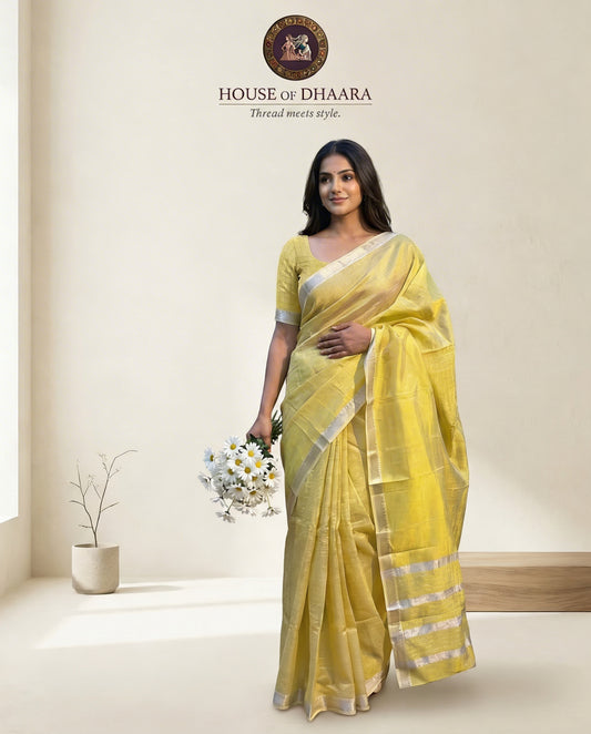 Light Yellow Mangalagiri Zari checks Nizam border Saree