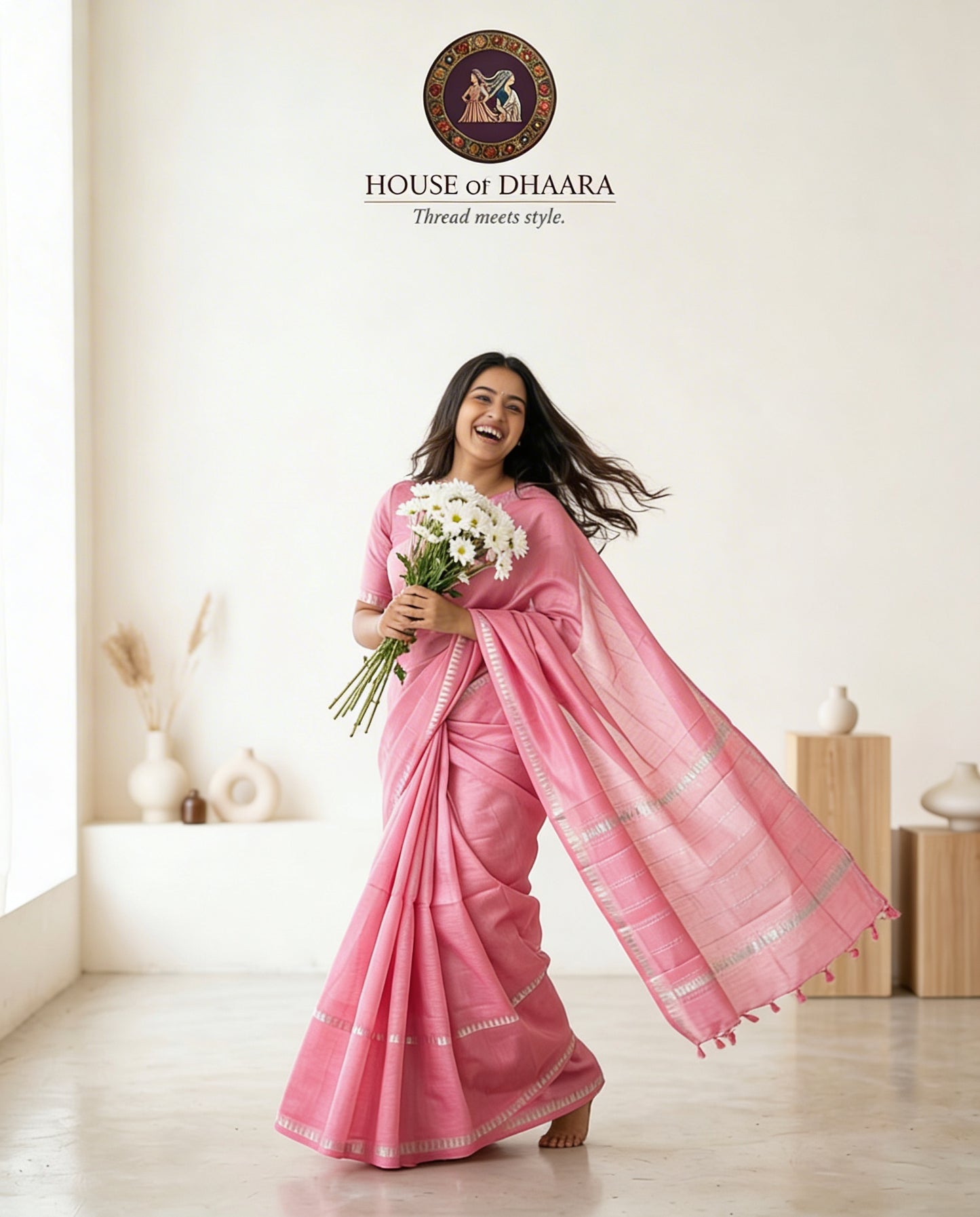 Light pink Mangalagiri Temple gap border Saree