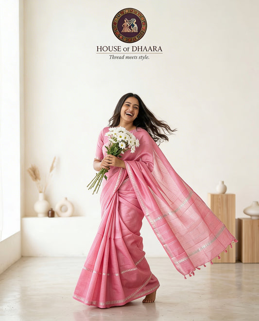 Light pink Mangalagiri Temple gap border Saree