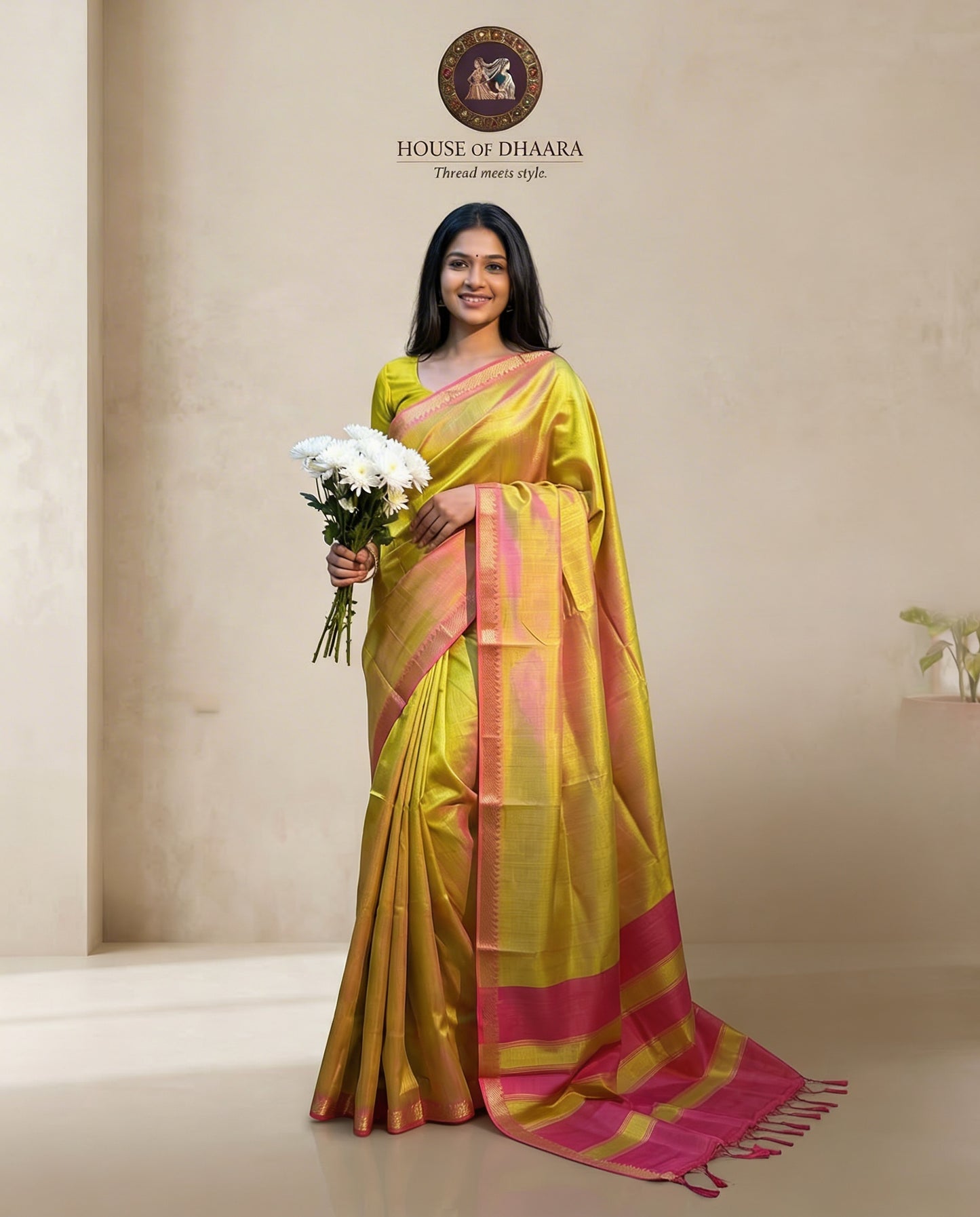 Mehandi Green & Pink Mangalagiri Nizam border Saree