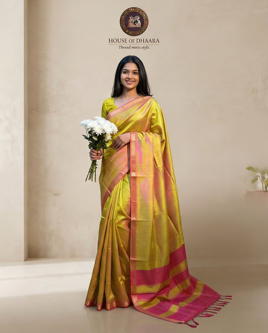 Mehandi Green & Pink Mangalagiri Nizam border Saree