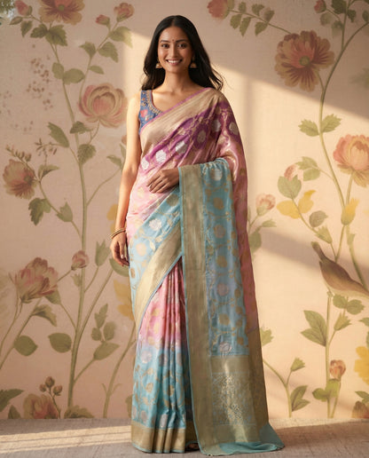 Pastel Blue & Pink 4D Georgette Saree
