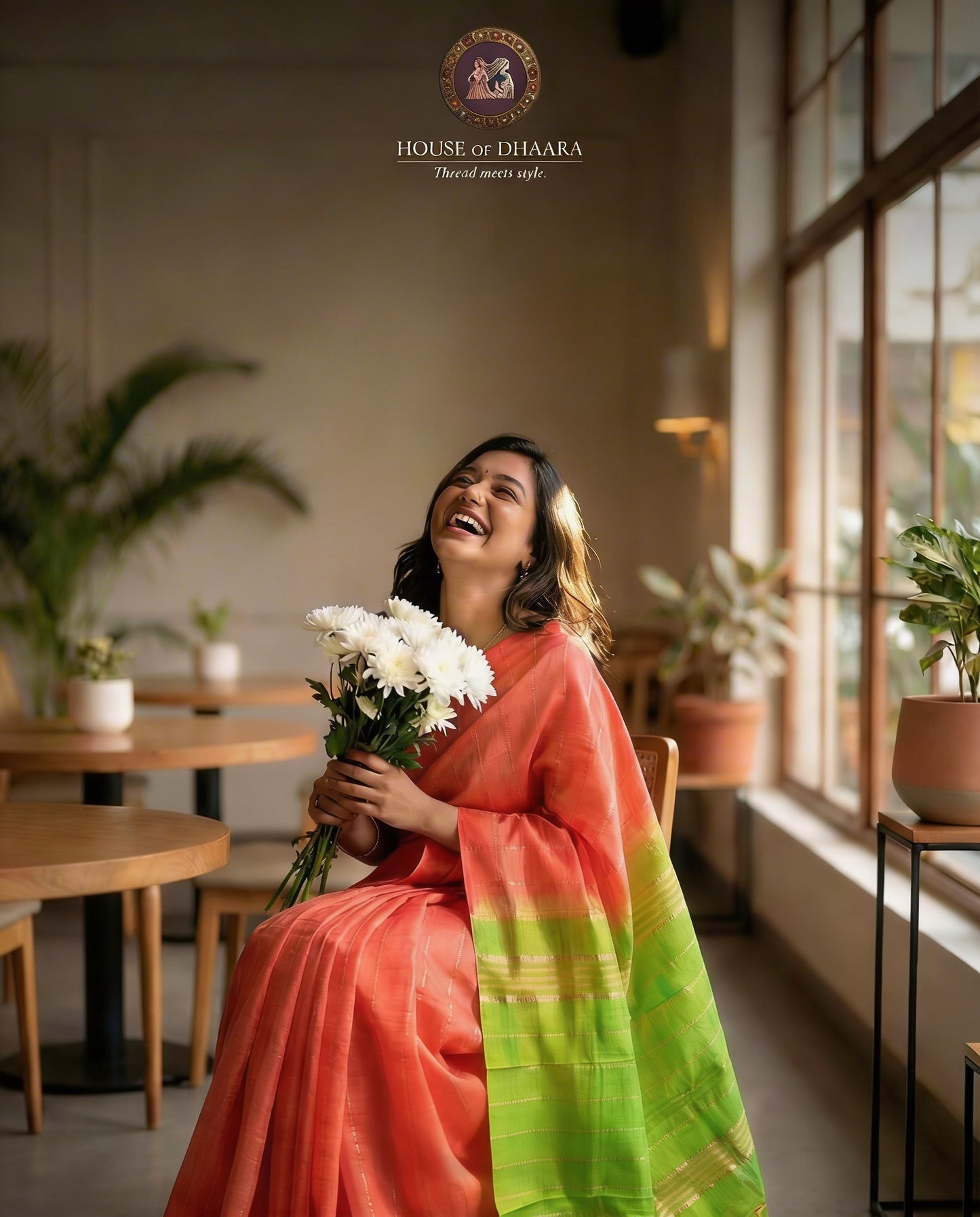 Peach & green Mangalagiri Zari lines Saree