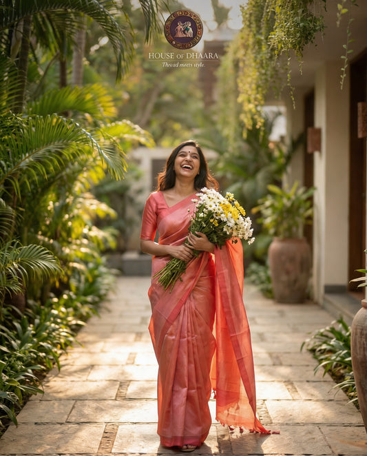 Peach pink plain Mangalagiri Handloom Saree