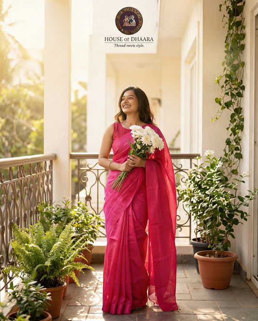 Pink plain mangalagiri handloom saree with Kalamkari Blouse