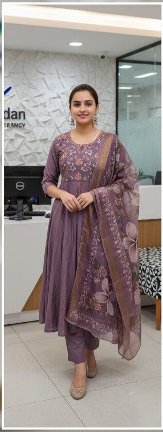 Lavendar Mul Chanderi Kurti Set