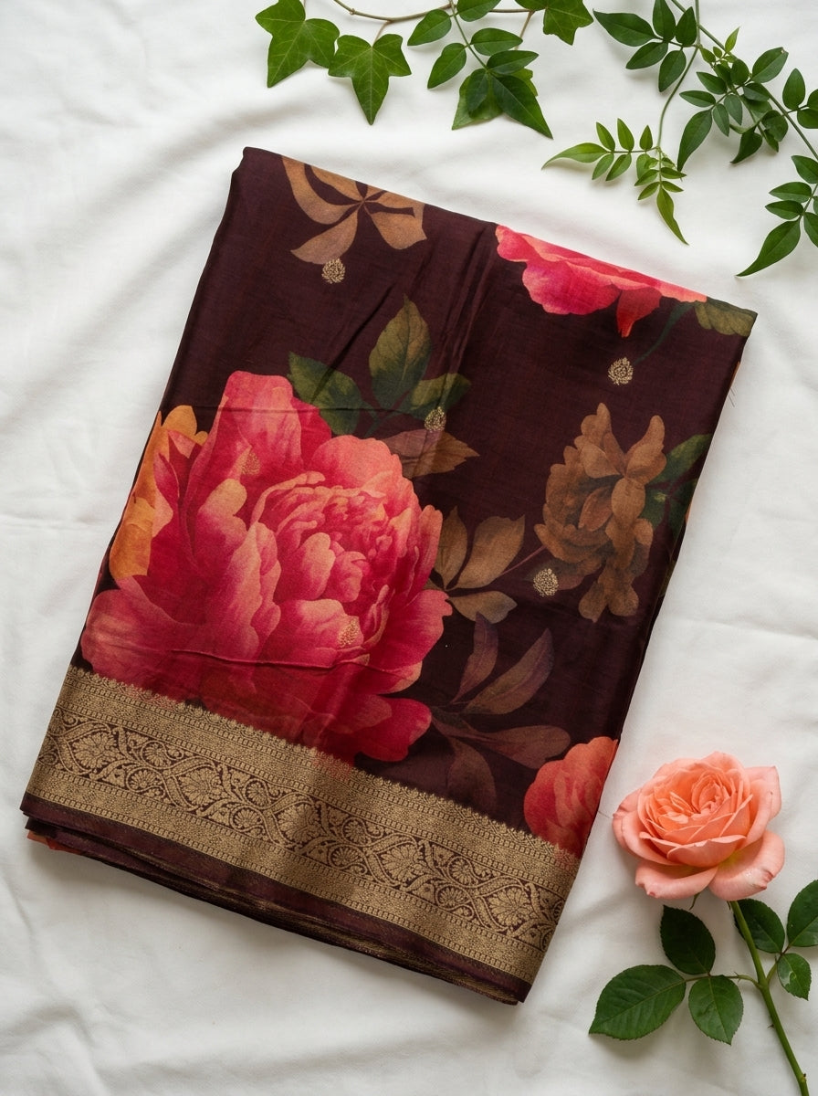 Premium Floral Printed Crepe With Zari Border