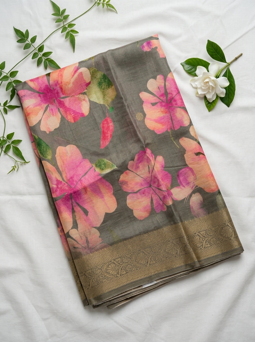 Premium Floral Printed Crepe With Zari Border