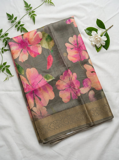 Premium Floral Printed Crepe With Zari Border