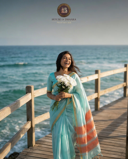 Sea blue & Peach Mangalagiri nizam border saree