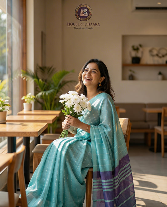 Sea blue & Purple Managalagiri jute lines Saree