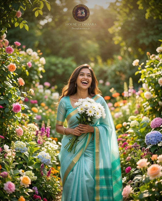Sea blue and green Mangalagiri Nizam border Saree