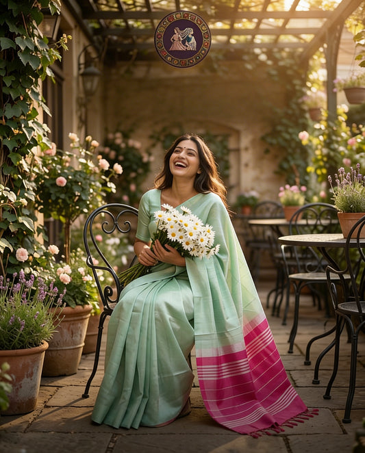Seablue & Pink Mangalagiri Zari Lines Saree