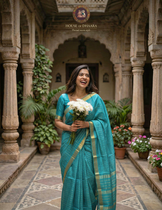 Sky Blue Mangalagiri Zari checks and Nizam Gap Border saree