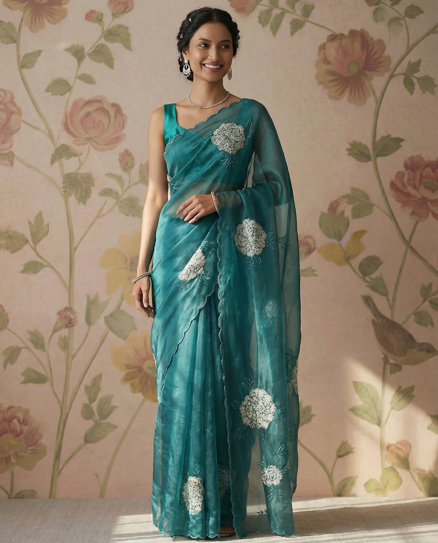 Teal green Soft organza tissue saree with applique work