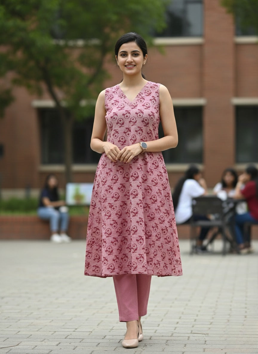 Onion Pink Kurti Set (with Sleeves enclosed)
