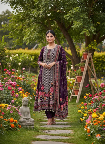 Purple Crape Fish Cut Kurti set with tassels