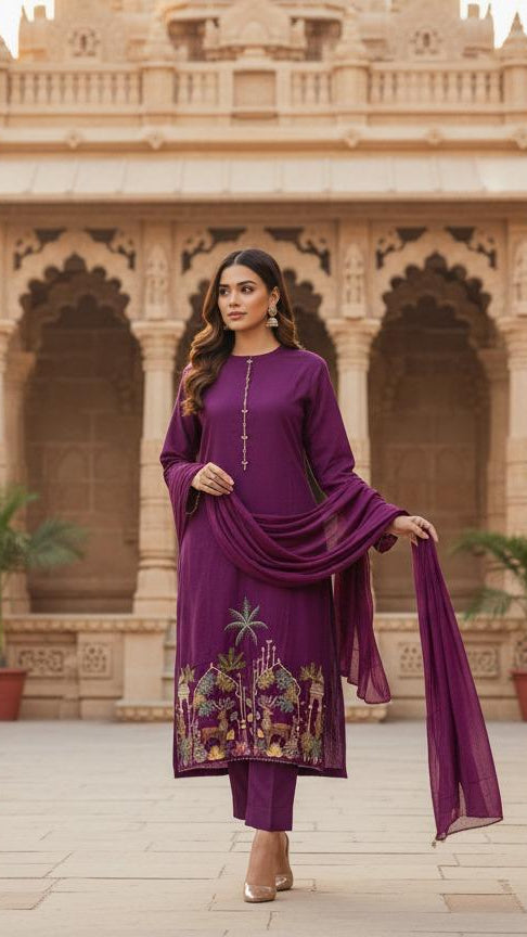 Magenta Pink Mul Cotton A-line Kurti Set