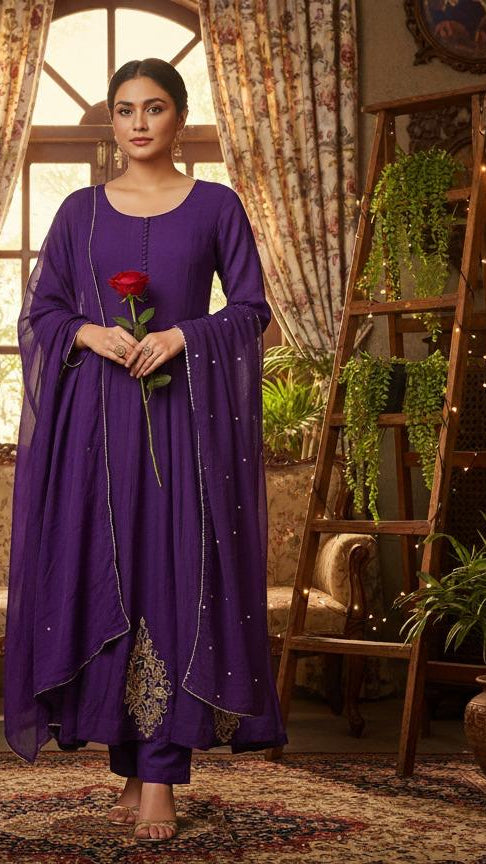 Purple/ Peach Mul Chanderi Kurti Set