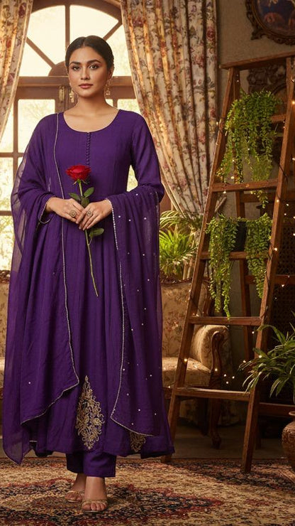 Purple/ Peach Mul Chanderi Kurti Set