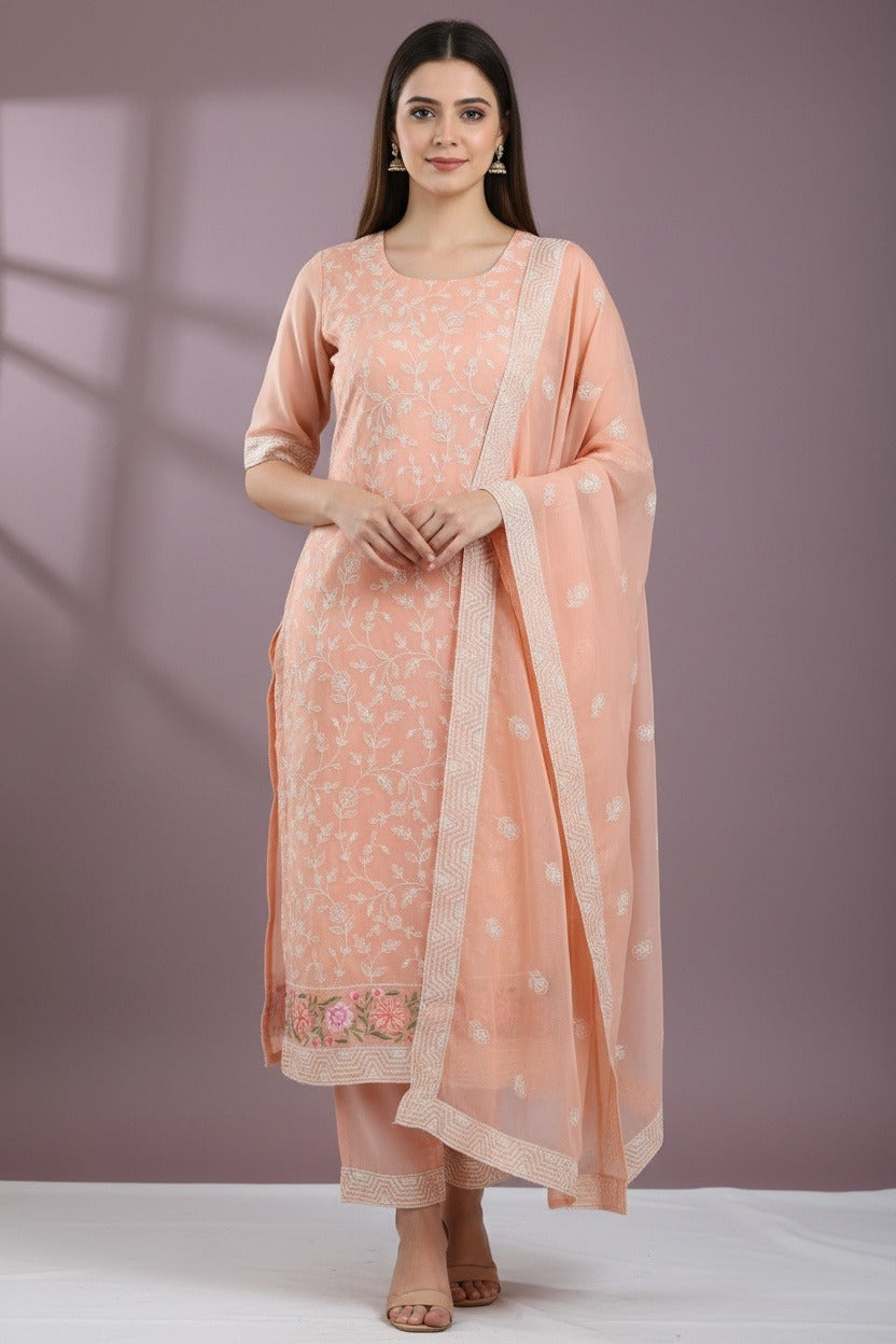 Peach Soft Organza Kurti Set