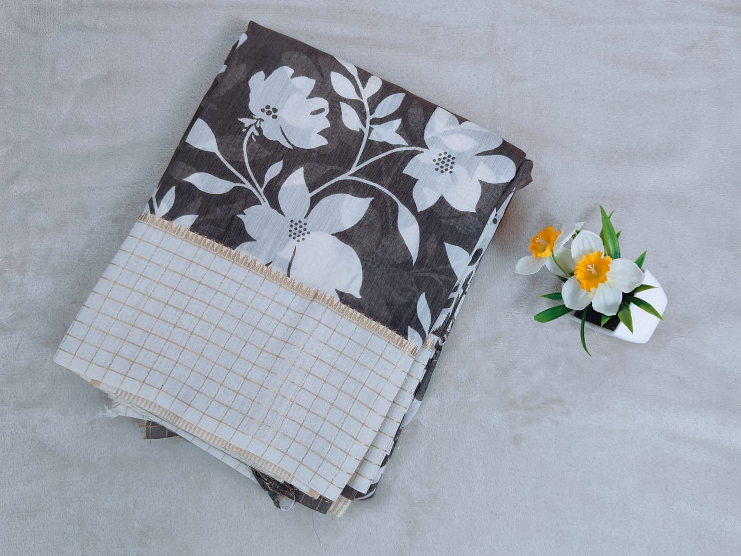Pure viscose cotton with zari checks border-Grey