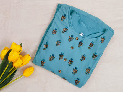 Aqua Green Georgette A-Line Kurti with Yoke Work