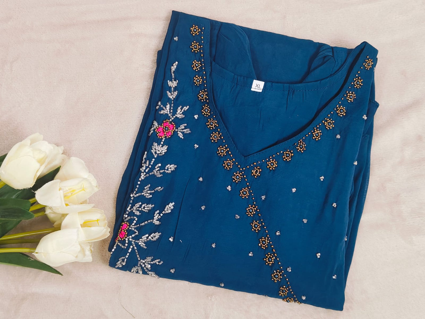 Peacock Blue Mul Chanderi Kurti with Yoke Work