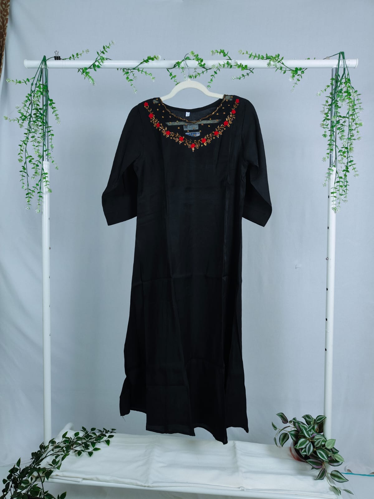 Black Coral Aline kurti with Jewel neck
