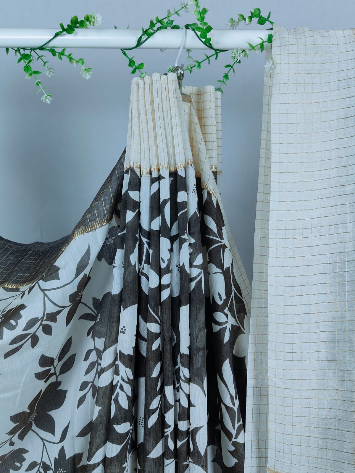 Pure viscose cotton with zari checks border-Grey