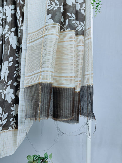 Pure viscose cotton with zari checks border-Grey