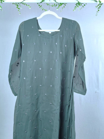 Grey Georgette A-line Kurti with Yoke work