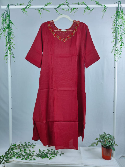 Maroon Coral Aline kurti with Jewel neck