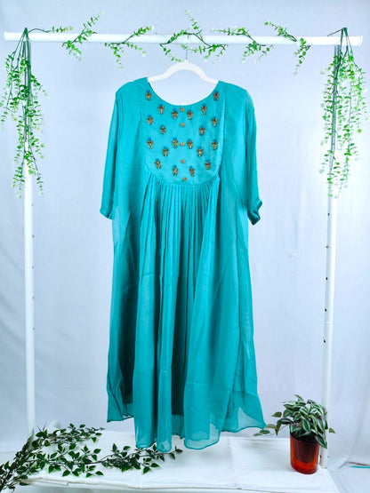 Aqua Green Georgette A-Line Kurti with Yoke Work