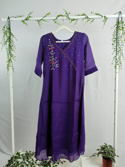 Purple Mul Chanderi Kurti with Yoke Work