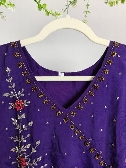 Purple Mul Chanderi Kurti with Yoke Work